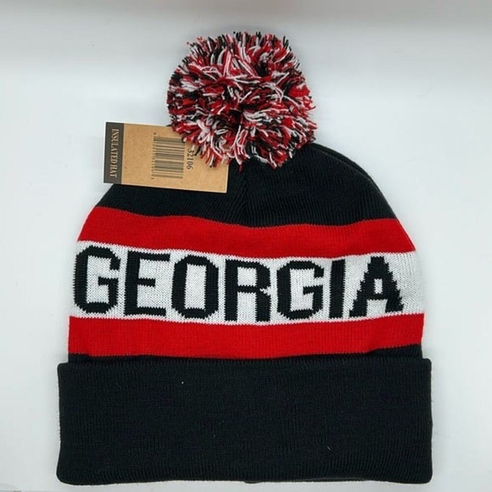 Black Georgia Stocking Cap Hat Beanie Knit Pom Pom Insulated Lined Cuffed NWT